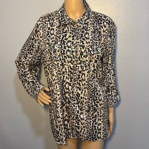 Jaclyn Smith Leopard Print Long Sleeve Cotton Button Up Blouse -Roll Tab Utility